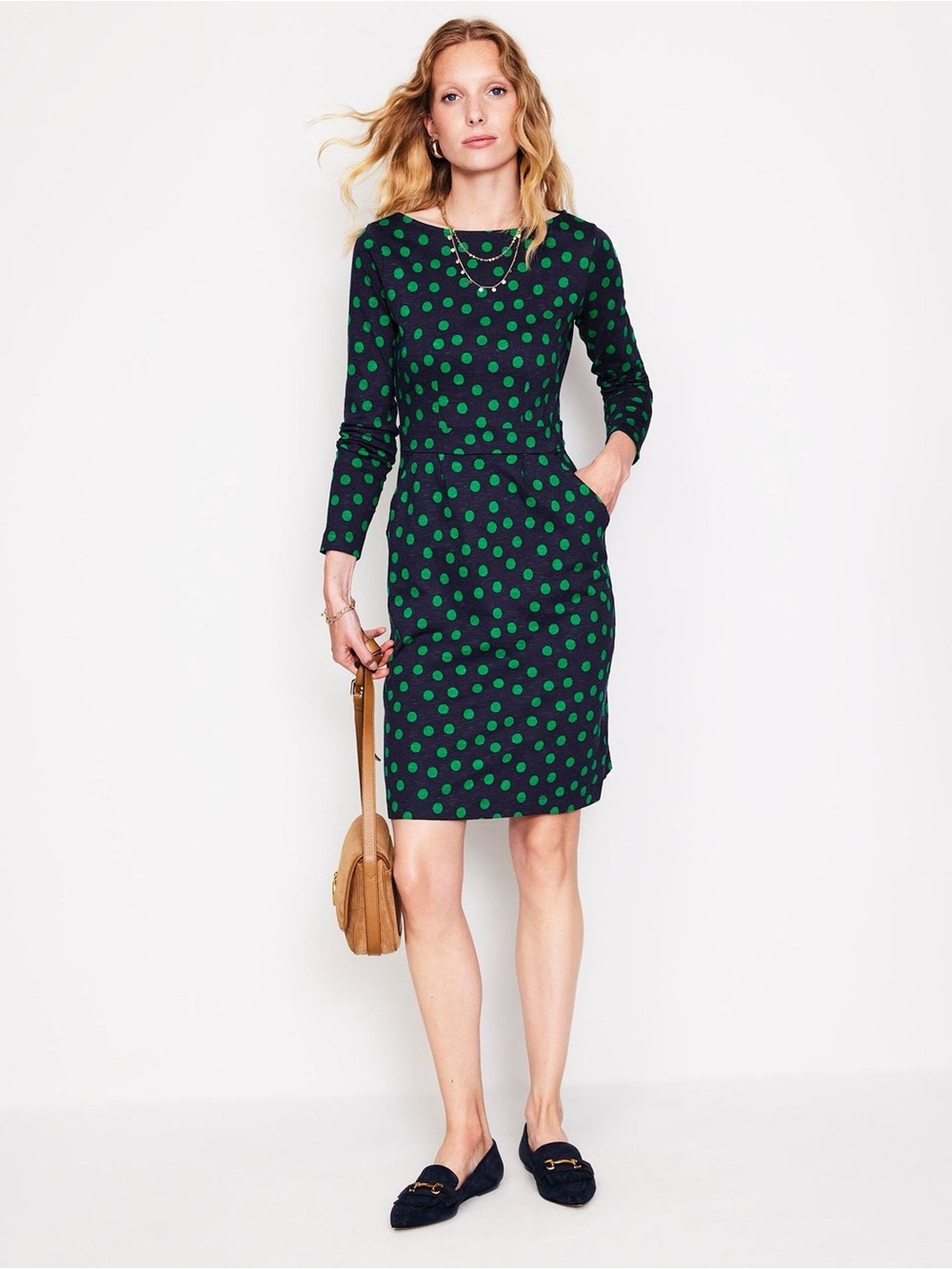 Boden Navy Dress with Green Polka Dots — Long Sleeve Sheath (Size 8P)